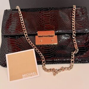 Michael Kors Black and Gold Clutch with Snake Design and Gold Chain